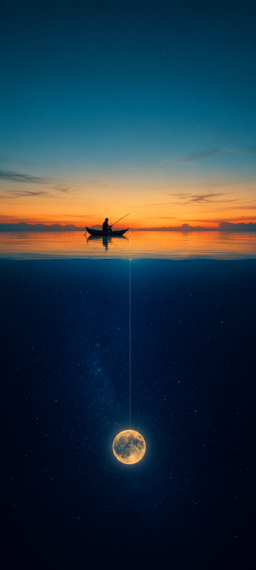 Minimal surreal wallpaper with a silhouetted fisherman in a boat fishing toward a glowing moon in a deep blue star field.