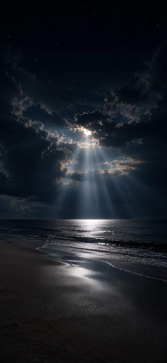 Moonlit night beach with silver light beams breaking through dark clouds over a calm ocean and sandy shoreline.