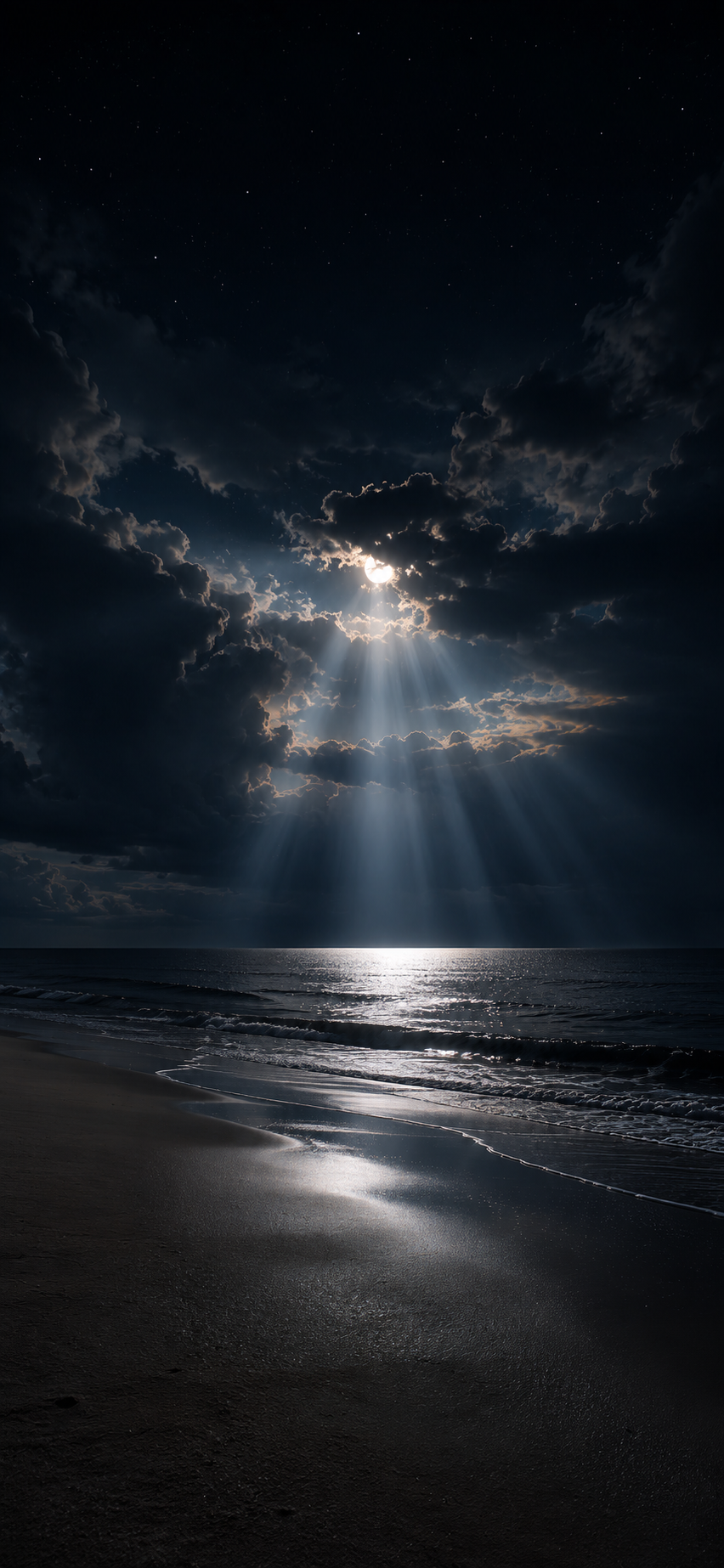 Moonlit night beach with silver light beams breaking through dark clouds over a calm ocean and sandy shoreline.