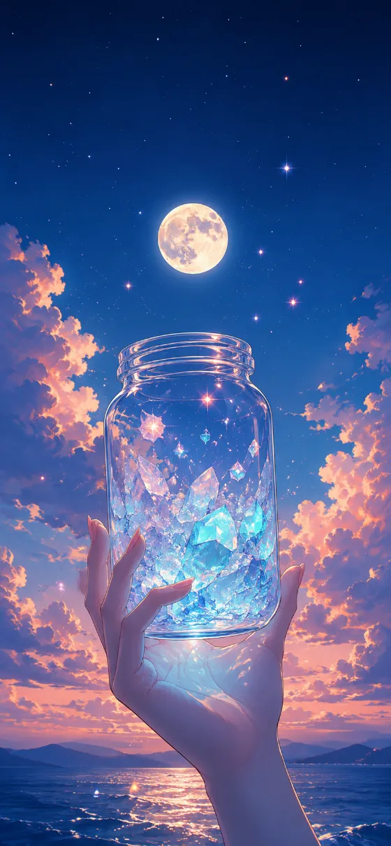 Illustrated hand holding a clear jar filled with glowing blue crystals and sparkles beneath a full moon in a deep blue sky with peach clouds.