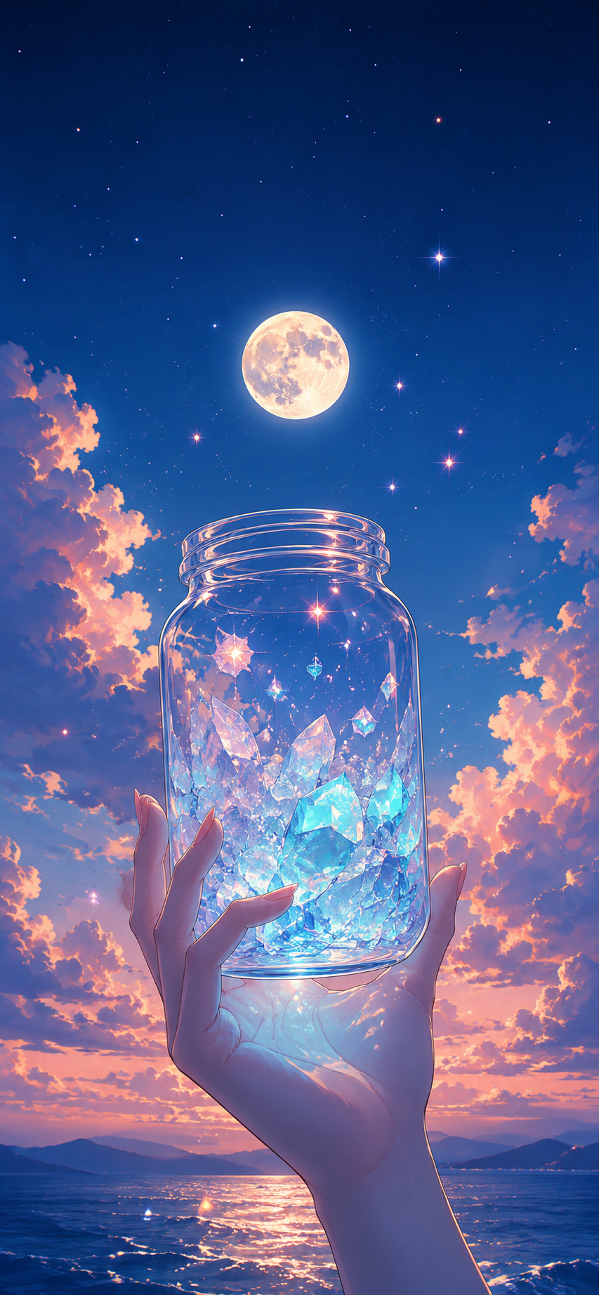 Illustrated hand holding a clear jar filled with glowing blue crystals and sparkles beneath a full moon in a deep blue sky with peach clouds.