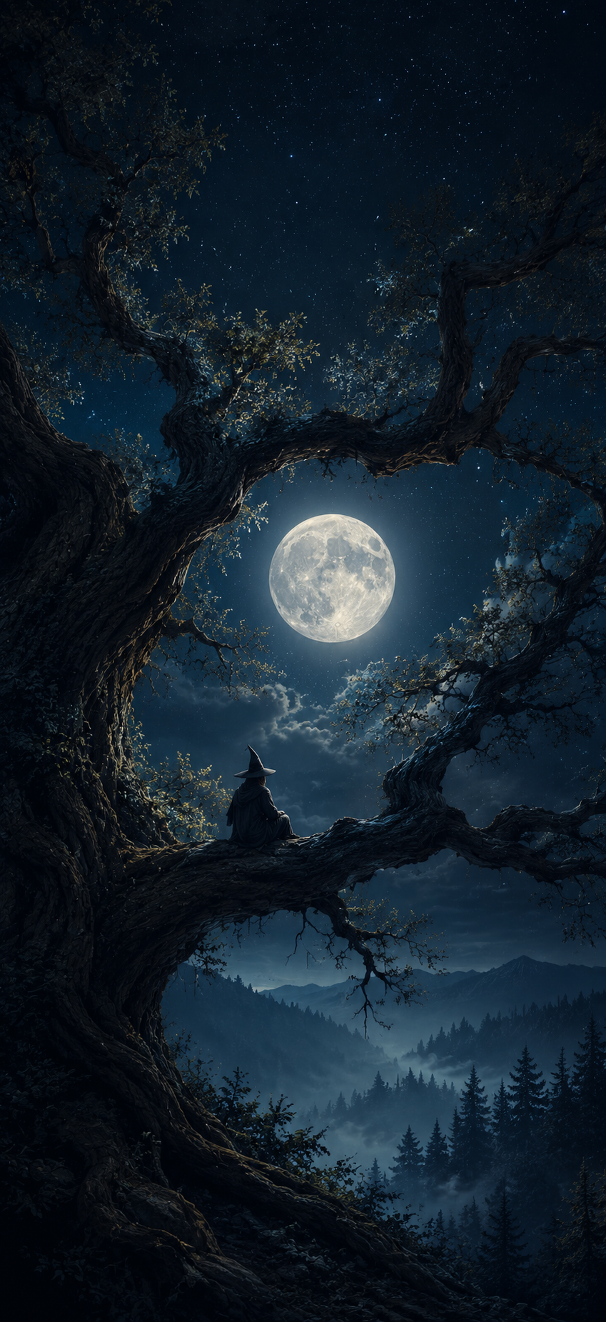 A solitary cloaked figure sits on a massive ancient tree branch beneath a glowing full moon and star-filled blue night sky in a vertical iPhone wallpaper.