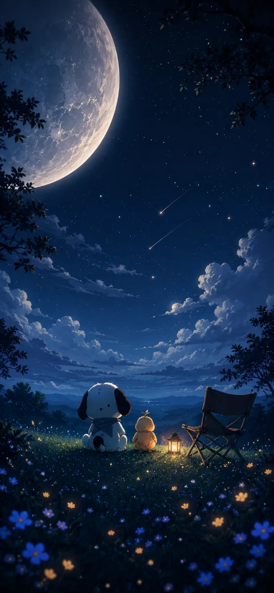 Two original cartoon animal friends sit in a dark flower meadow beneath a giant moon, stars, meteors, clouds, a lantern, and an empty chair.