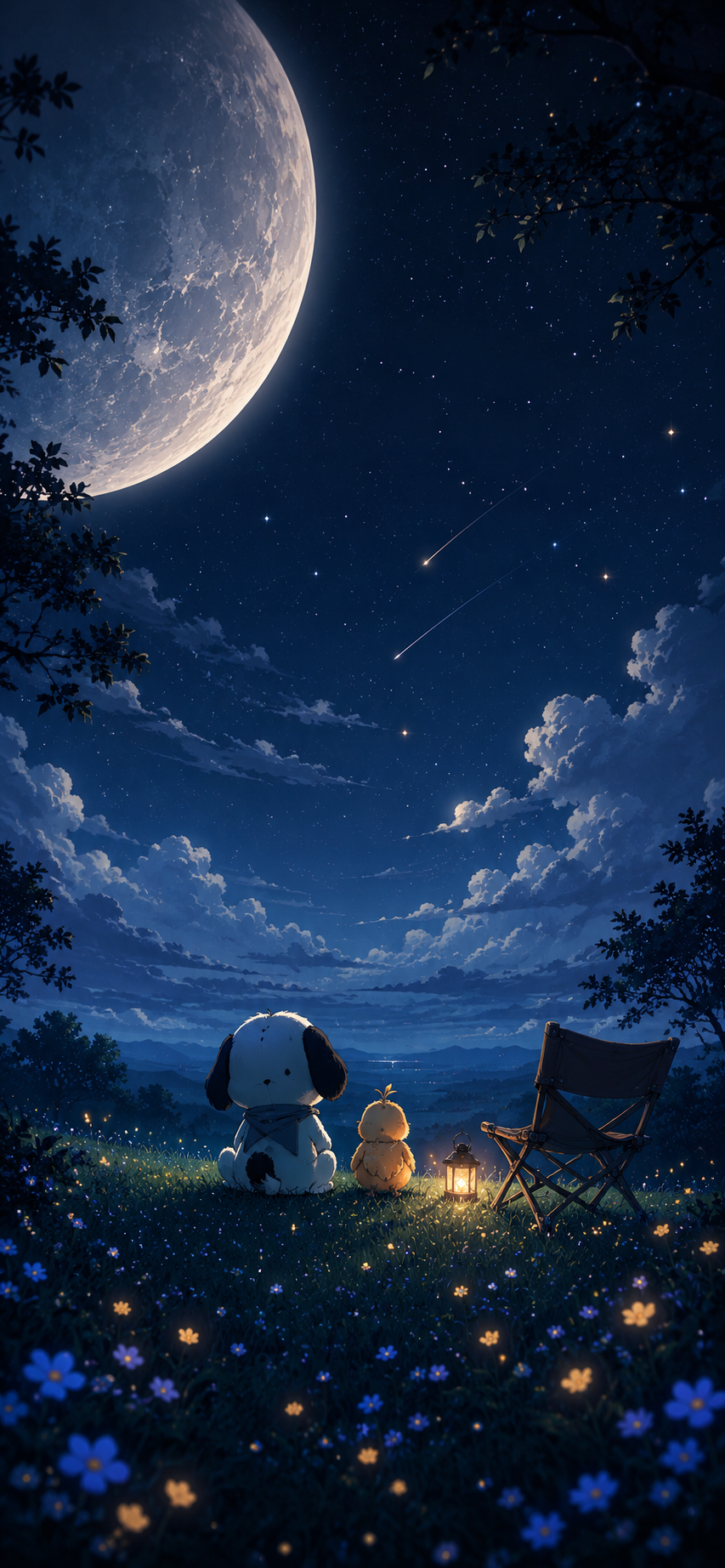 Two original cartoon animal friends sit in a dark flower meadow beneath a giant moon, stars, meteors, clouds, a lantern, and an empty chair.