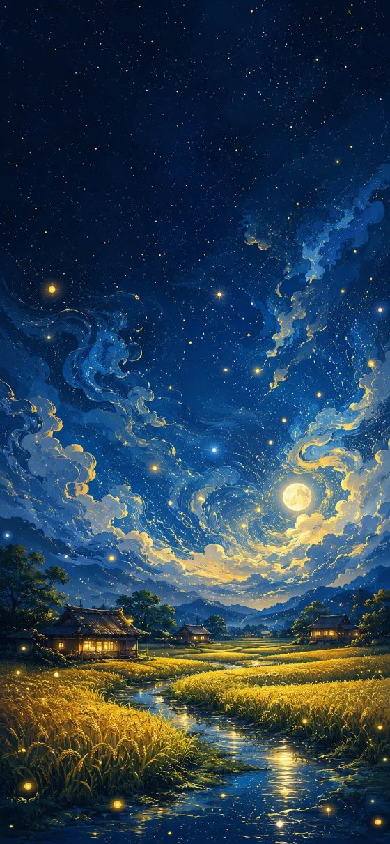 Moonlit countryside with golden rice fields beneath a swirling cosmic night sky.