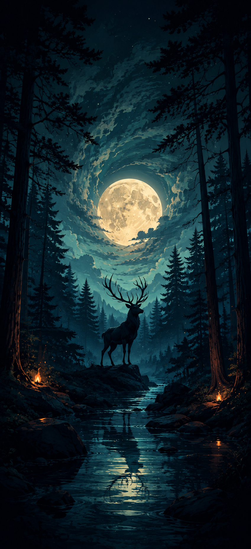 Stylized dark forest wallpaper showing a stag beneath a large glowing moon with teal trees, reflective water, rocky banks, and small warm orange lights.