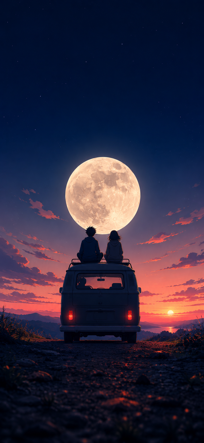 Two silhouetted friends sit on a dark van beneath a giant full moon above coral sunset clouds and distant mountains.
