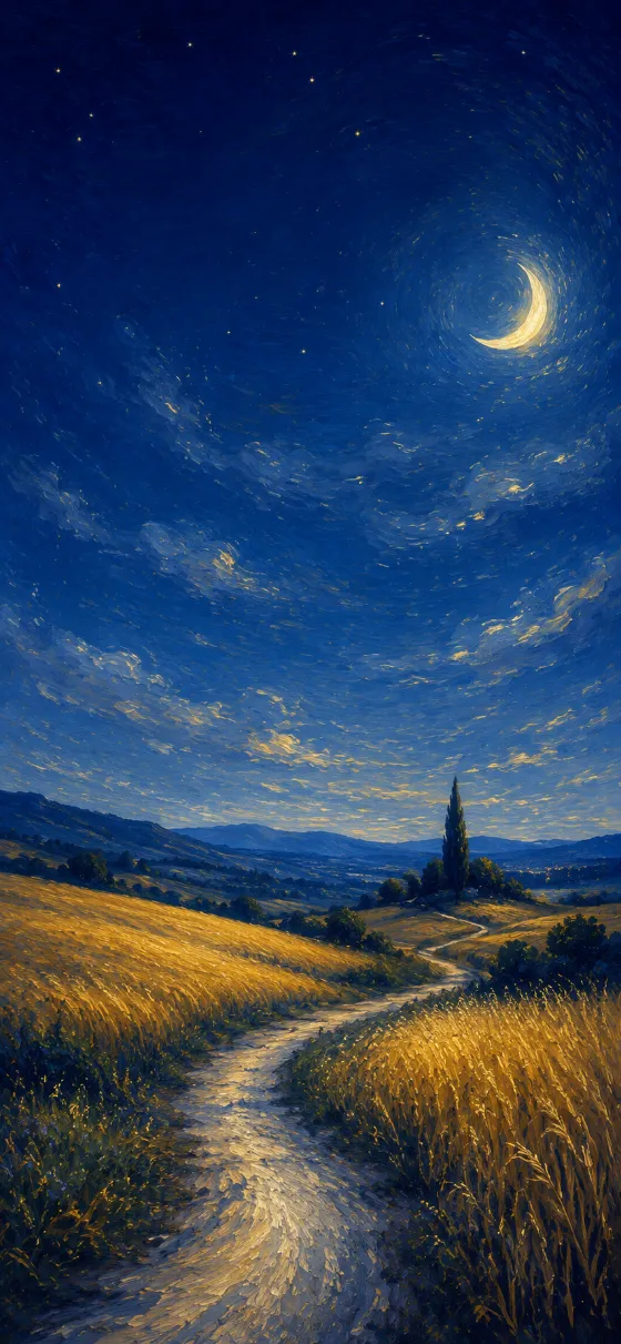 Moonlit countryside with a golden field, winding path and deep blue impressionist-inspired night sky.