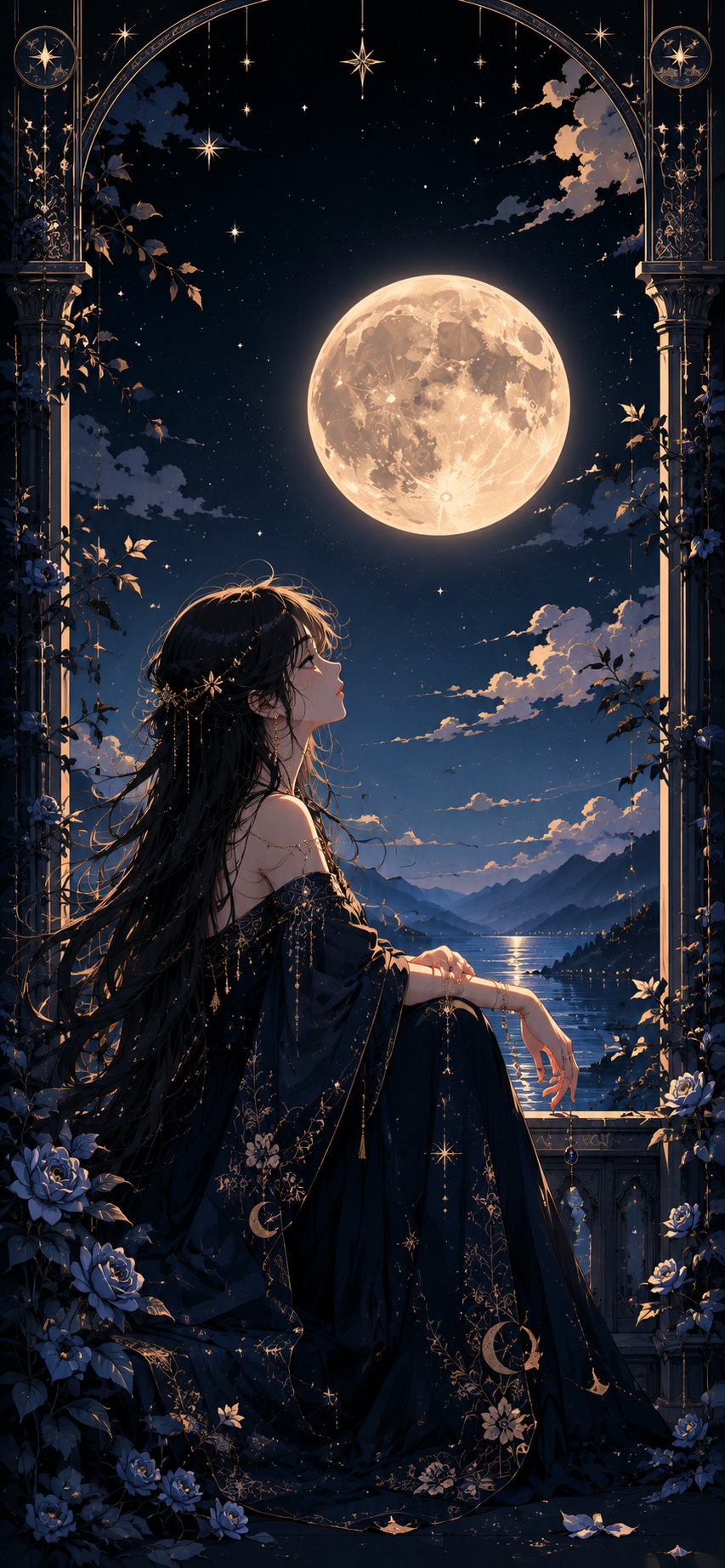 Gothic illustration of a seated long-haired woman beneath a large ivory moon, framed by midnight foliage, stars, clouds, and ornate borders.