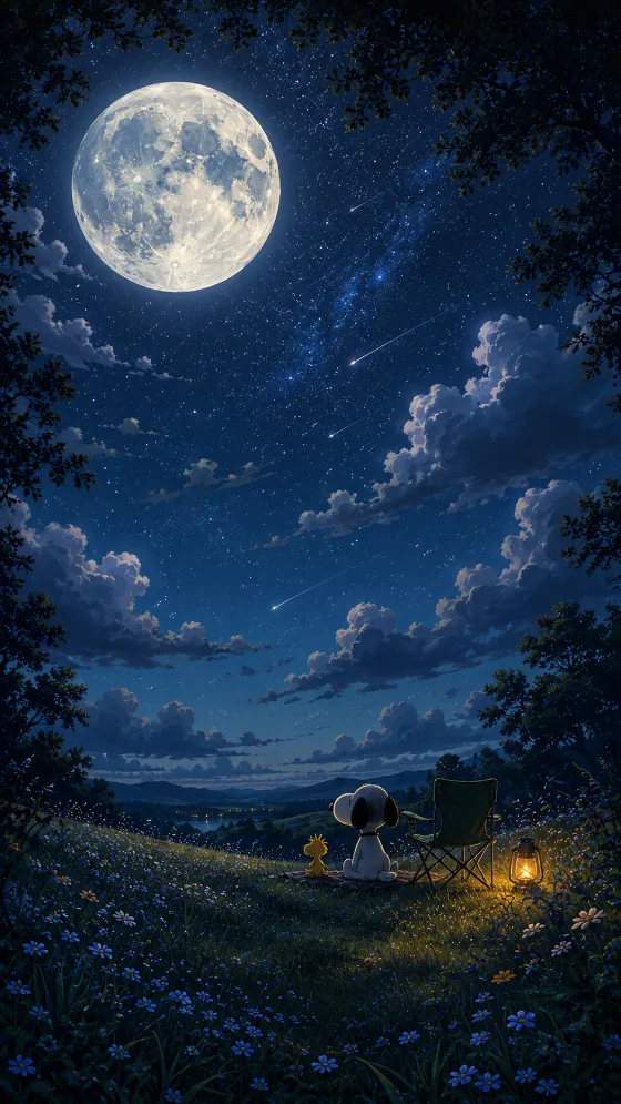 Vertical illustrated night wallpaper with a giant moon, stars, a cartoon dog and yellow bird, meadow, chair, and lantern.