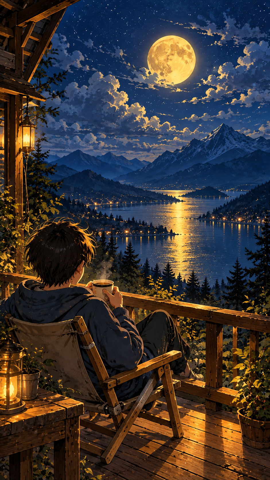Anime-inspired night scene of a person sitting on a wooden balcony with a warm drink overlooking a moonlit mountain lake.