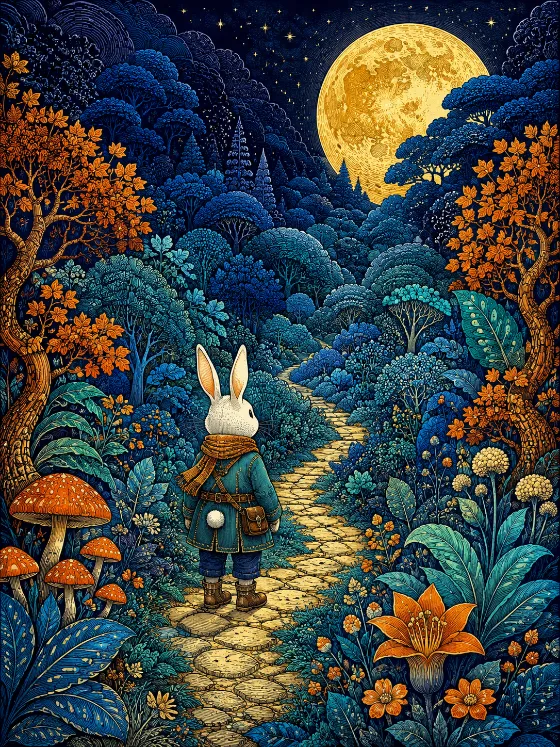 Fantasy illustration of a rabbit traveler, golden moon, blue woodland foliage and bright orange trees.