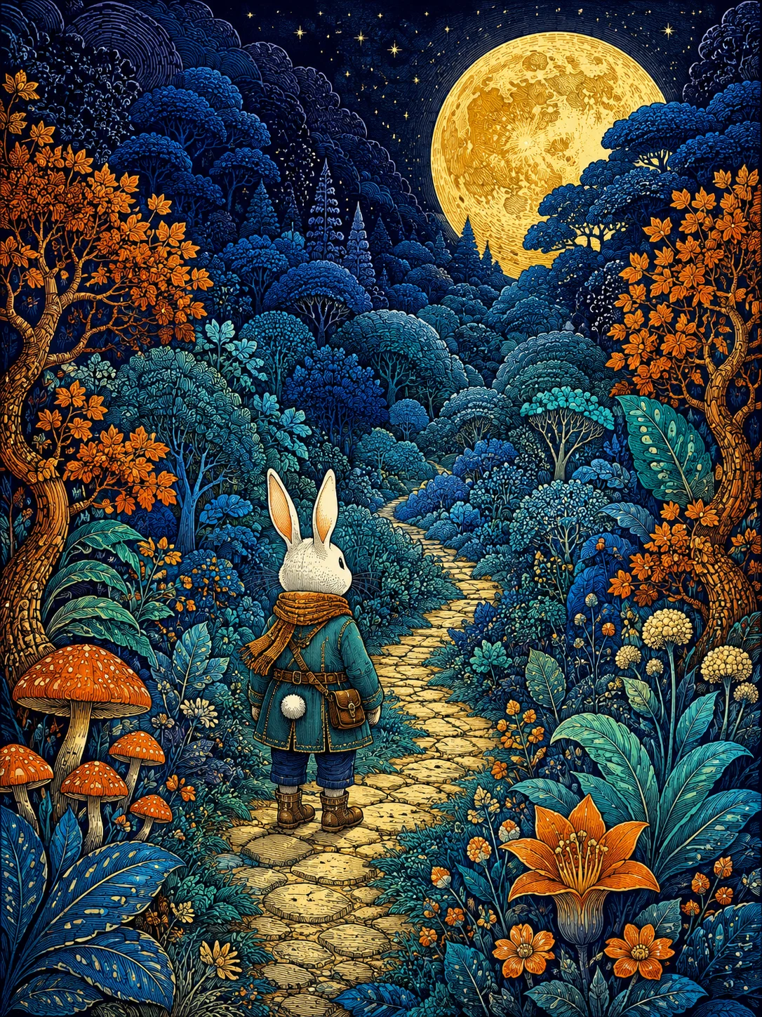 Fantasy illustration of a rabbit traveler, golden moon, blue woodland foliage and bright orange trees.