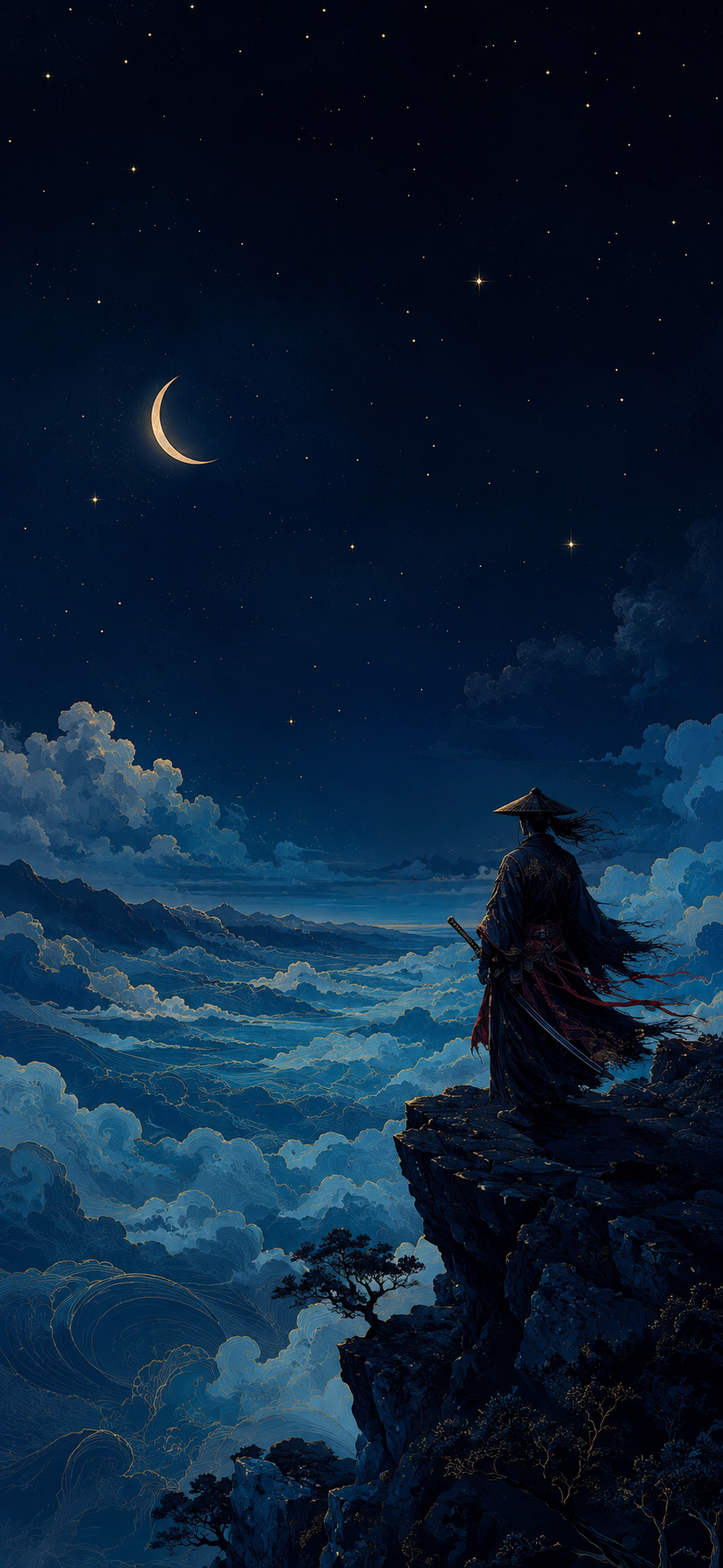 Illustrated samurai standing on rocky cliffs beneath a crescent moon and star-filled sky above swirling blue clouds.