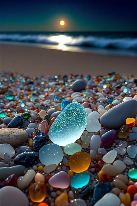Frosted turquoise sea glass glowing among colorful beach pebbles beneath a moonlit ocean sky with blurred waves and dark teal horizon.
