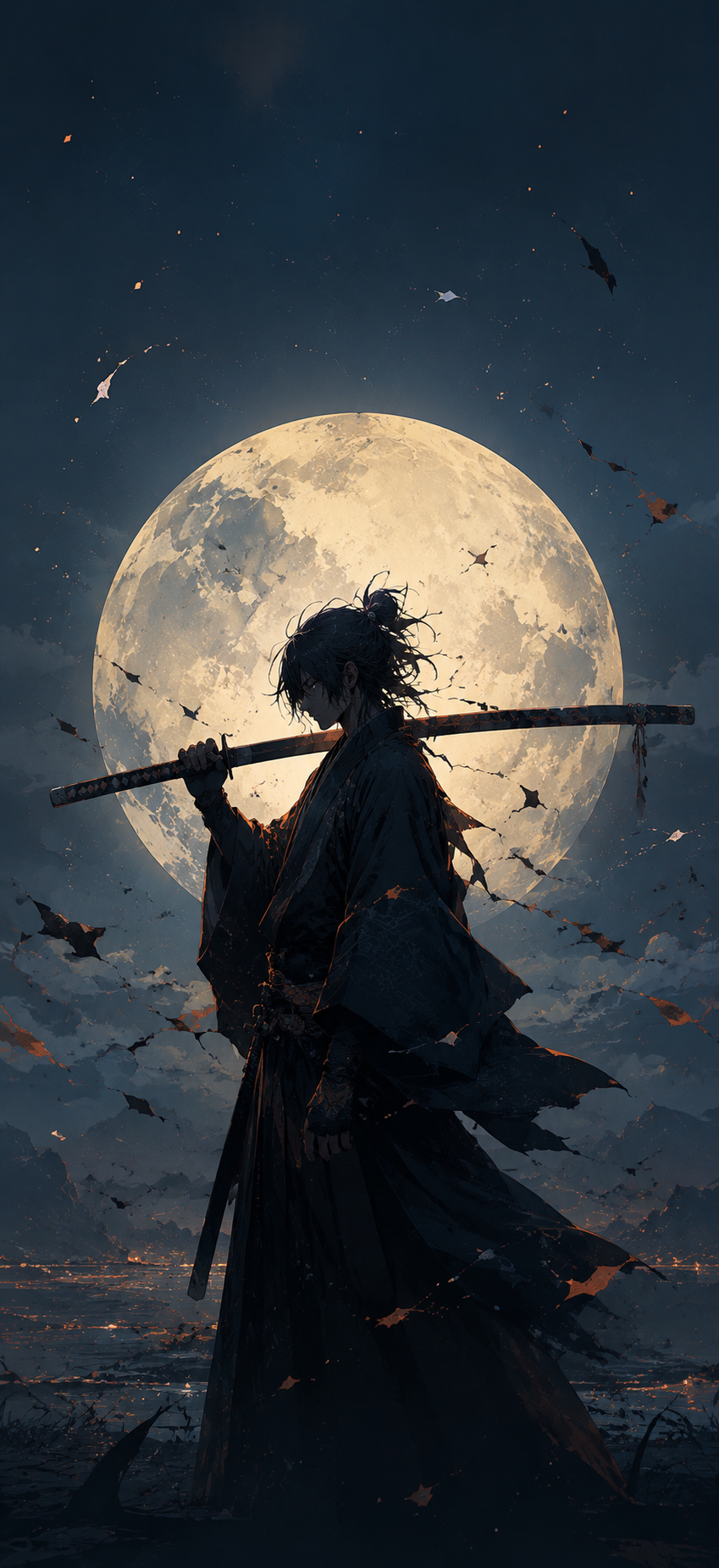 Dark-haired anime swordsman in profile holding a long weapon across his shoulders while standing before a huge glowing ivory moon in a teal night atmosphere.