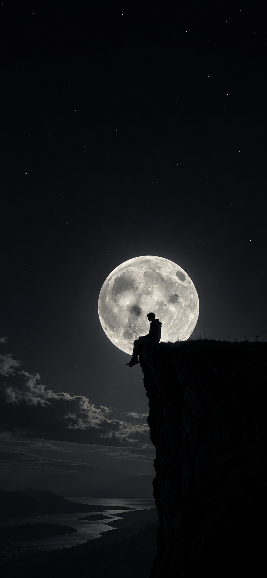 Solitary person sitting on the edge of a dark rocky cliff in front of a bright full moon beneath a sparse monochrome starry sky.