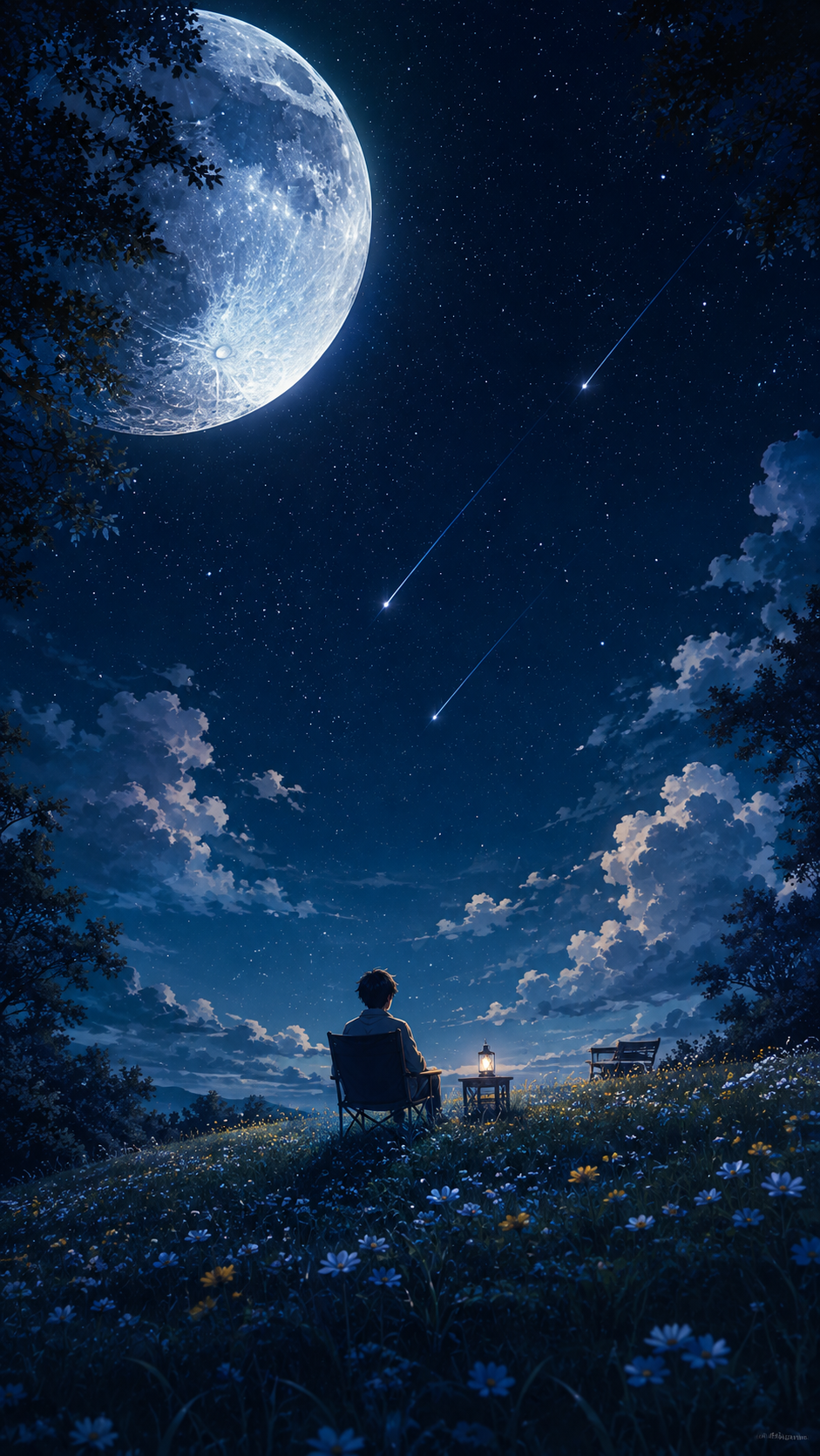Vertical anime wallpaper of a seated figure in a flowered meadow beneath a giant moon, stars, clouds, and glowing meteors.
