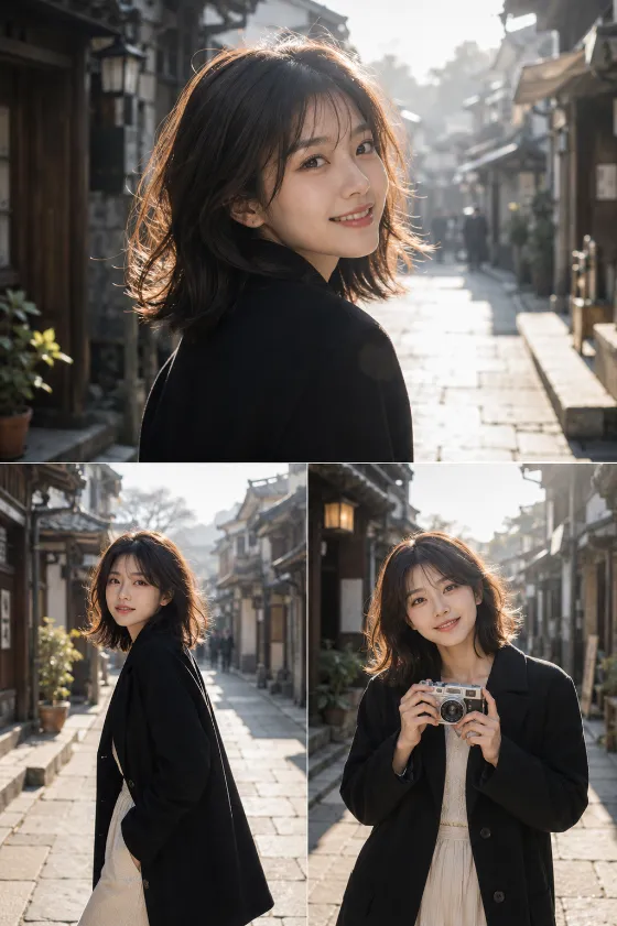 Three editorial portraits of a fashion subject in a historic street, smiling, turning toward the camera, and holding a compact vintage camera.
