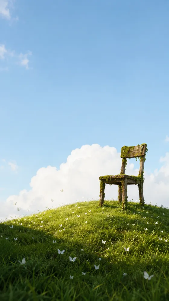 Vertical wallpaper of a moss-covered wooden chair on a green hill with white butterflies beneath a pale blue sky.