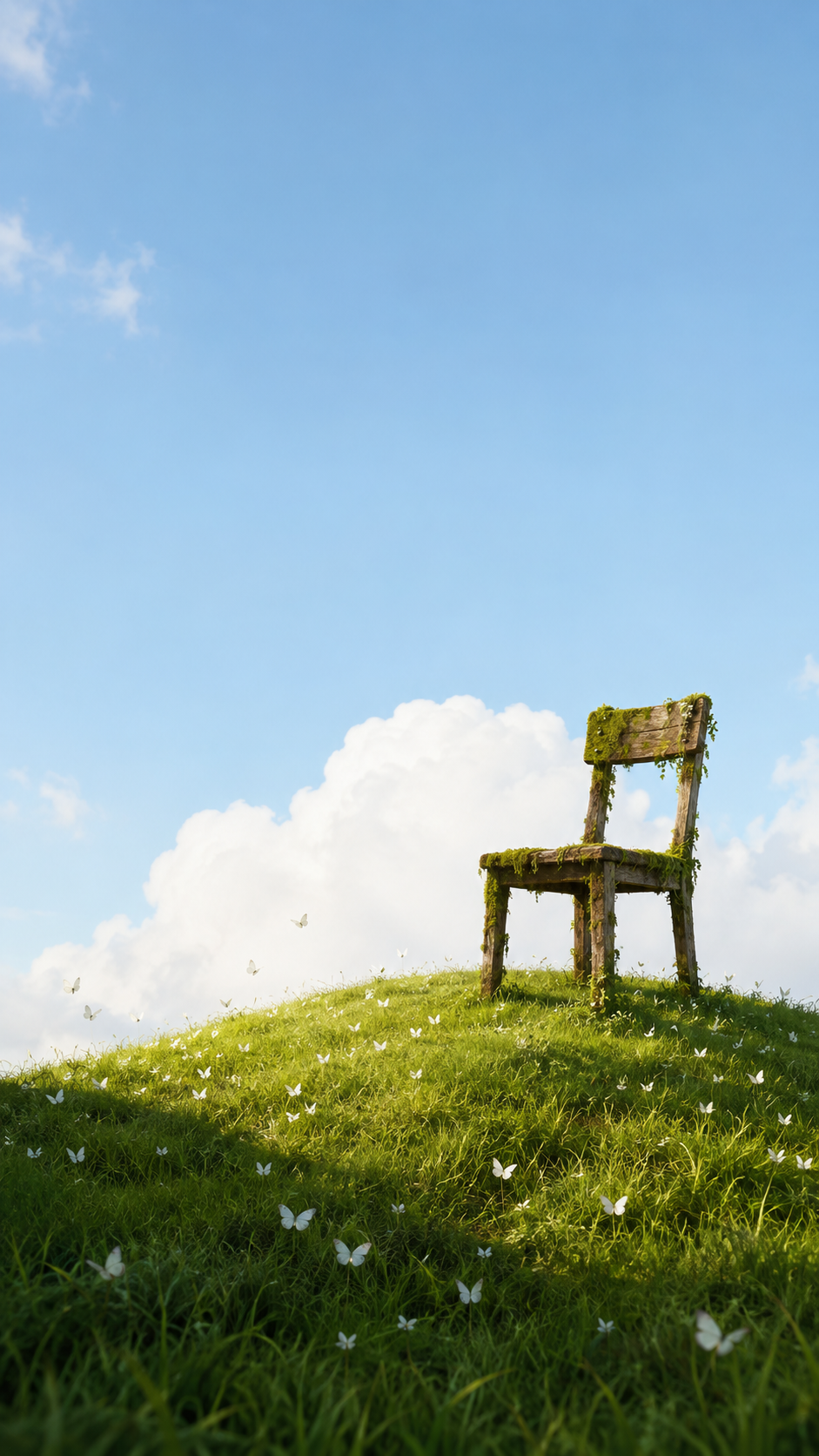 Vertical wallpaper of a moss-covered wooden chair on a green hill with white butterflies beneath a pale blue sky.