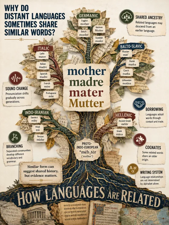 Branching word-tree poster with printed paper branches, six language concepts, and a central mother, madre, mater, Mutter cognate cluster.