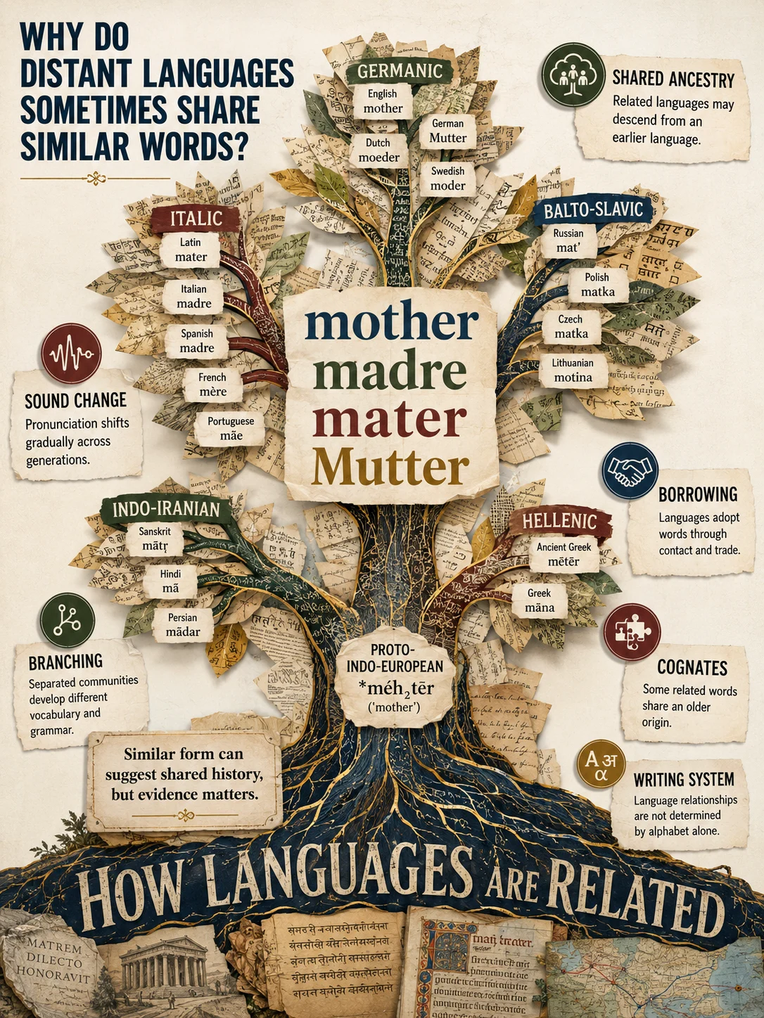 Branching word-tree poster with printed paper branches, six language concepts, and a central mother, madre, mater, Mutter cognate cluster.