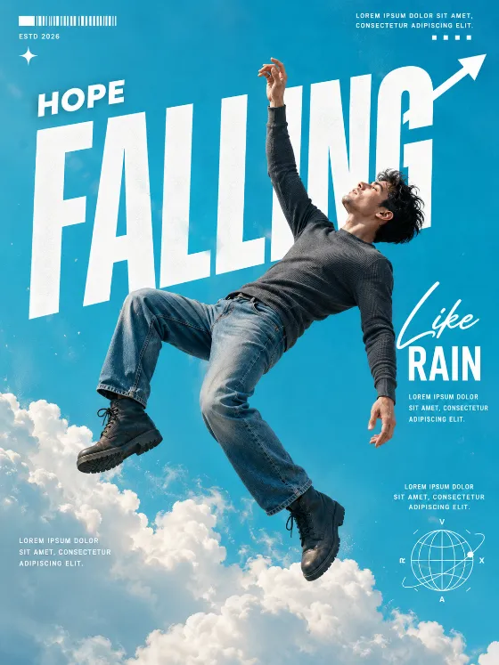 Vertical blue poster showing a floating model above soft clouds with large white words and clean editorial graphics.
