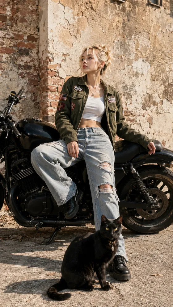 Motorcycle streetwear outfit with green patched jacket, ripped denim, and a black cat in the foreground