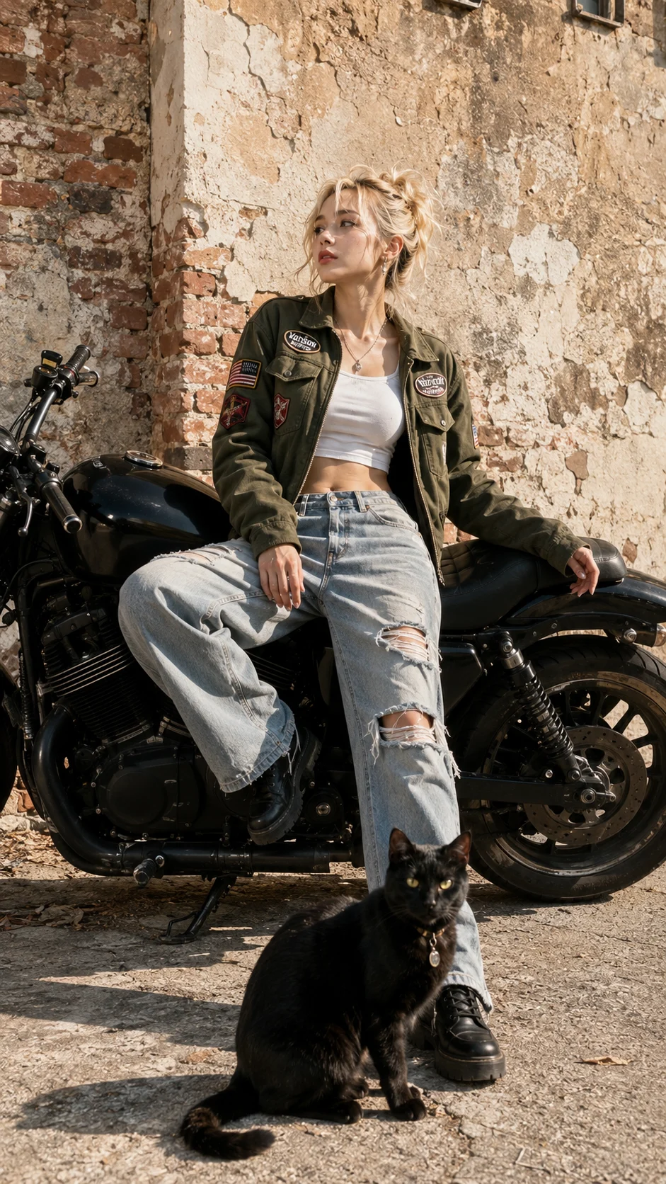 Motorcycle streetwear outfit with green patched jacket, ripped denim, and a black cat in the foreground