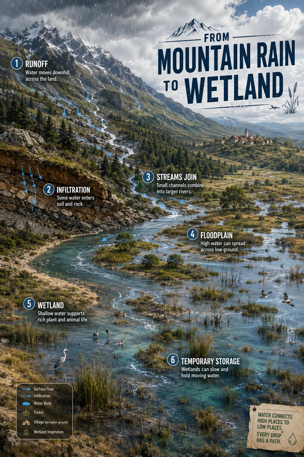 Diagonal watershed poster with mountains, rainfall, streams, river, floodplain, wetland, reeds, birds, six labels, and a village above regular flood level.