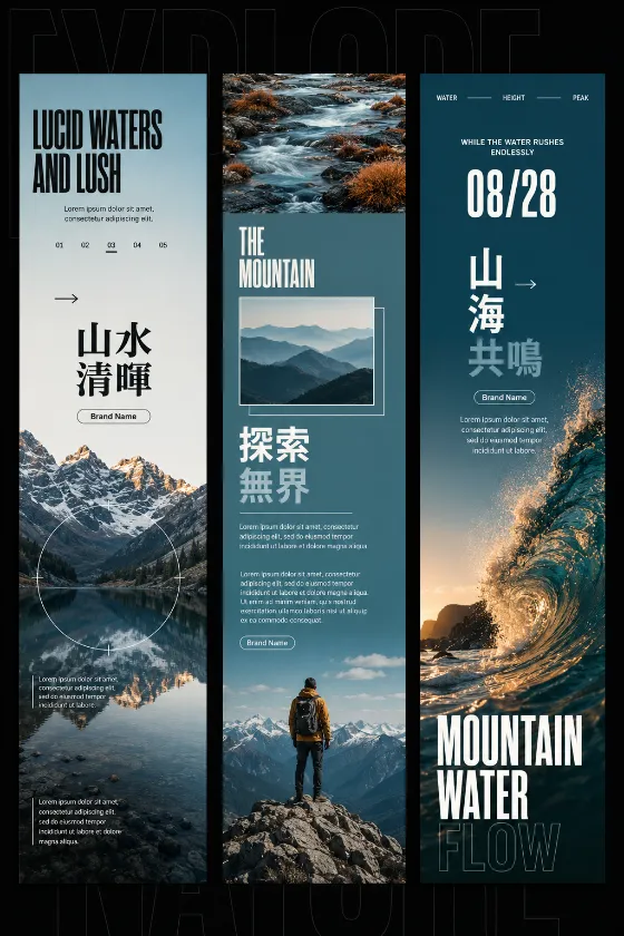 Three narrow mountain and water editorial posters featuring alpine, teal layouts, condensed typography, and a small summit hiker.