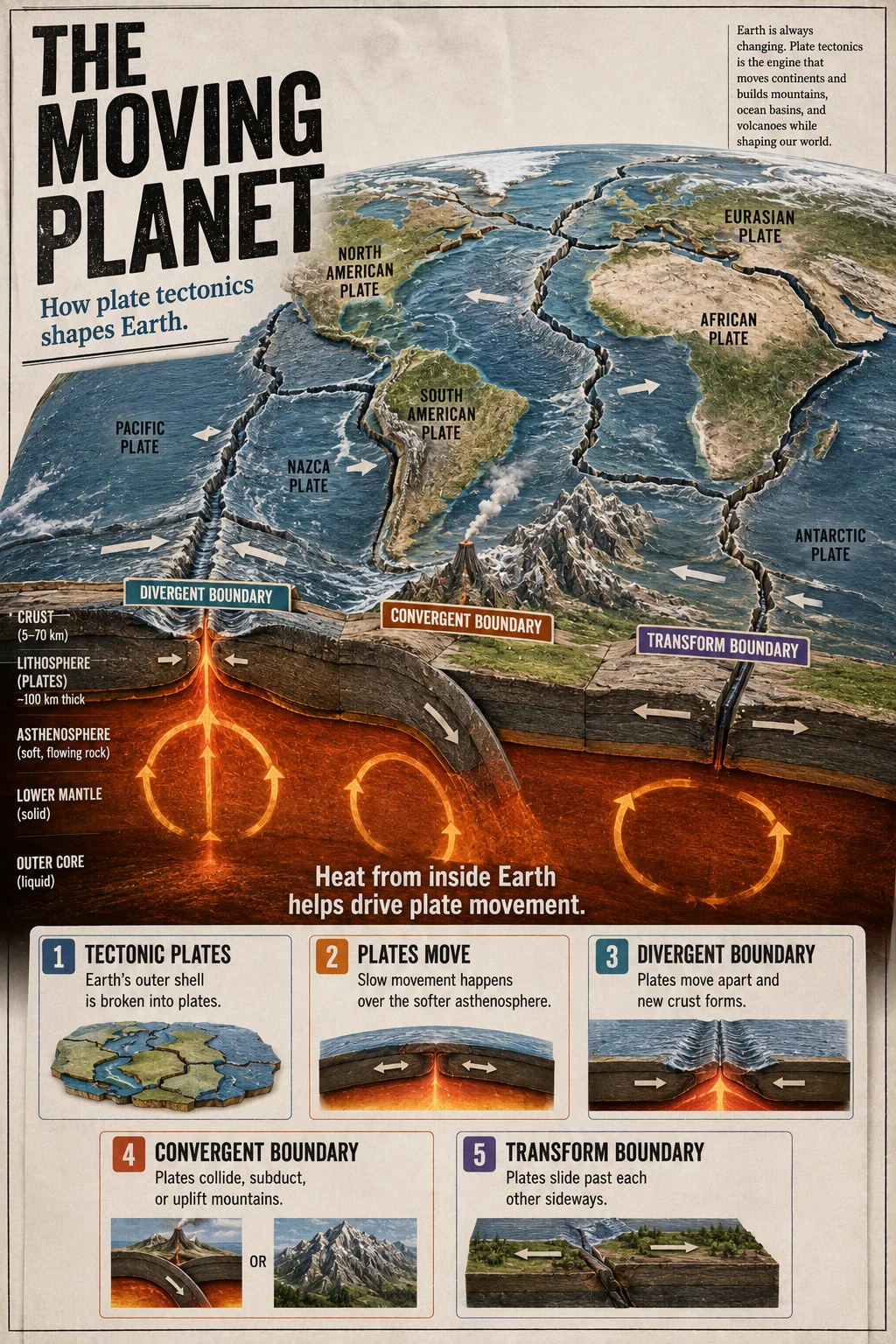 Educational tectonic plate cutaway showing divergent, convergent, and transform motion above warm mantle convection currents.