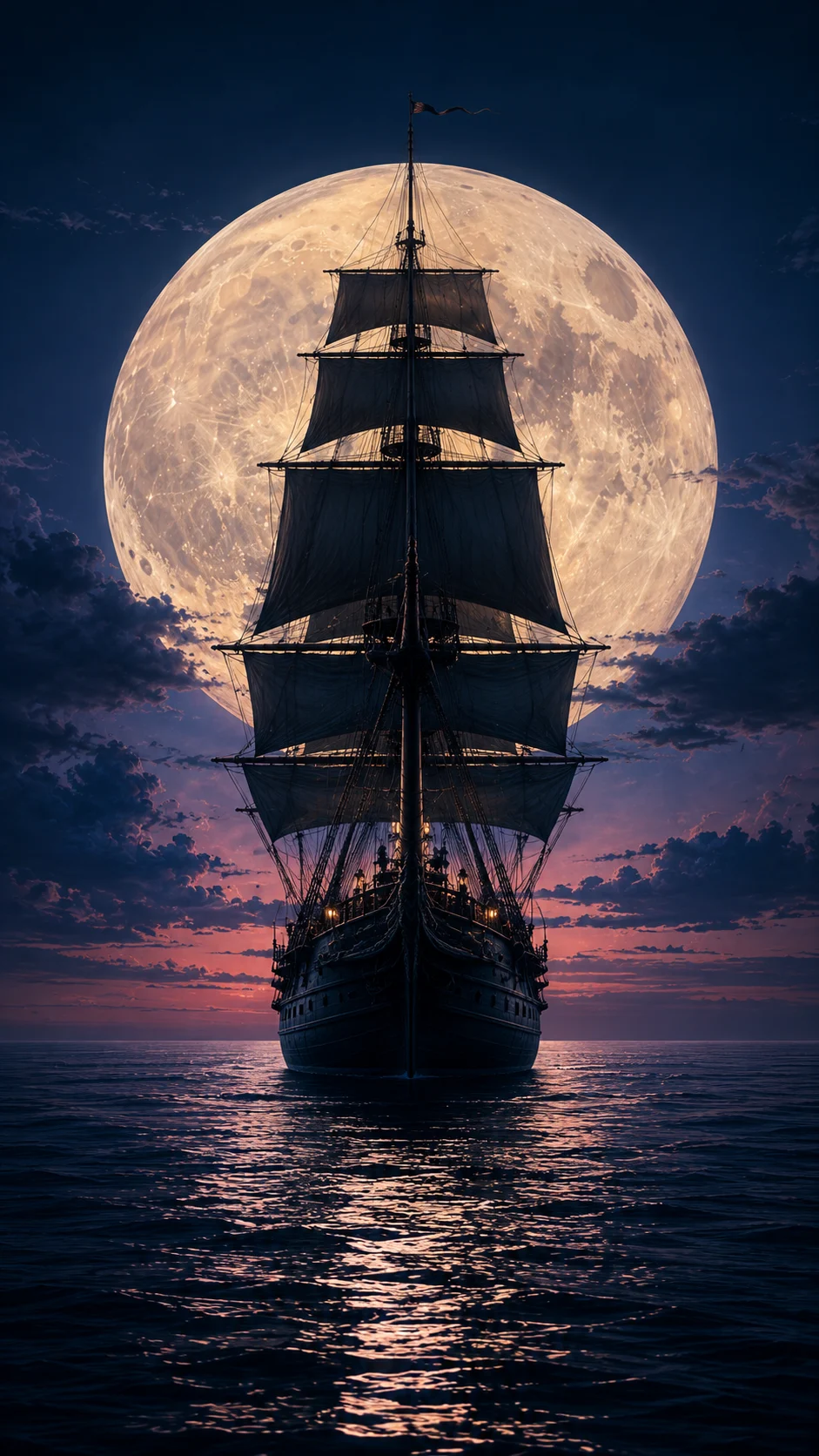 Tall sailing ship silhouetted against a giant full moon over dark reflective water.