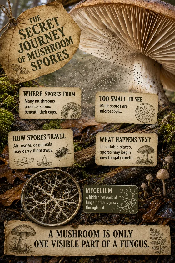 Educational fungal scene with mushroom gills, drifting spores, forest-floor textures, hyphae, mycelium, and natural-history labels.
