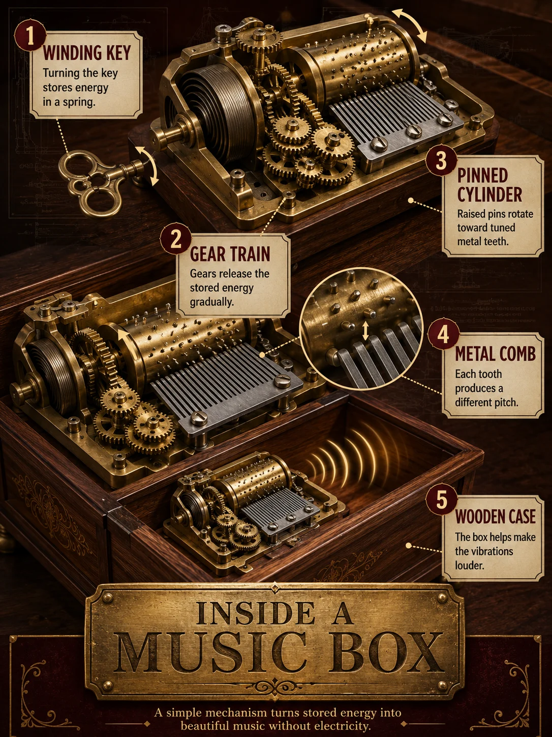 Museum-style music-box mechanism with brass, steel, walnut wood, three viewing angles, five large labels, and a brass title plaque.