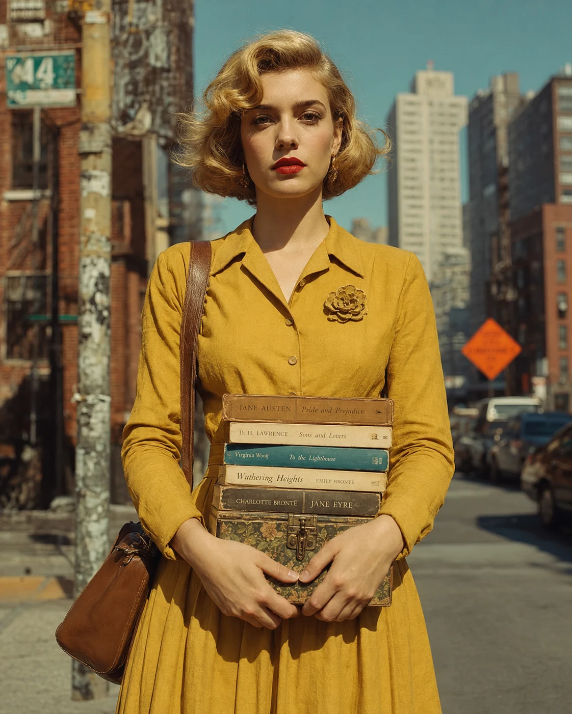 Bookish fashion portrait of a woman in a mustard-yellow collared dress holding worn books in a sunny urban setting.