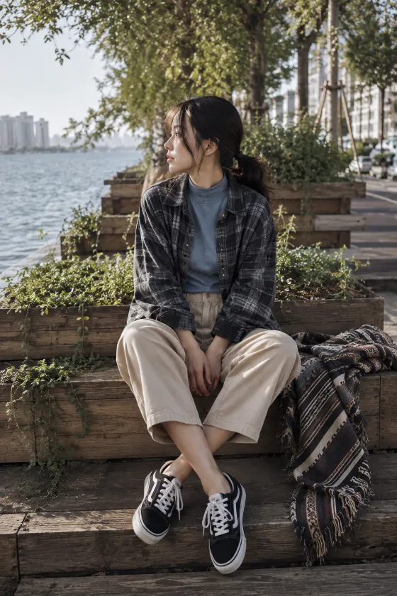 Casual waterfront fashion portrait with plaid overshirt, beige cropped trousers, sneakers, and low ponytail