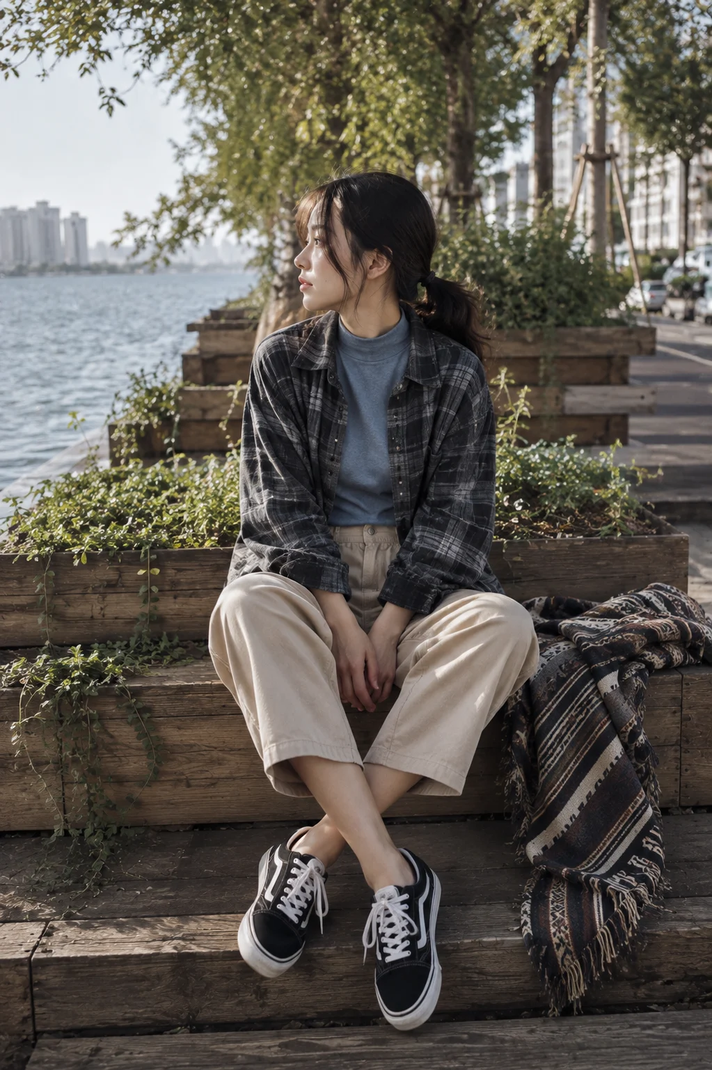 Casual waterfront fashion portrait with plaid overshirt, beige cropped trousers, sneakers, and low ponytail