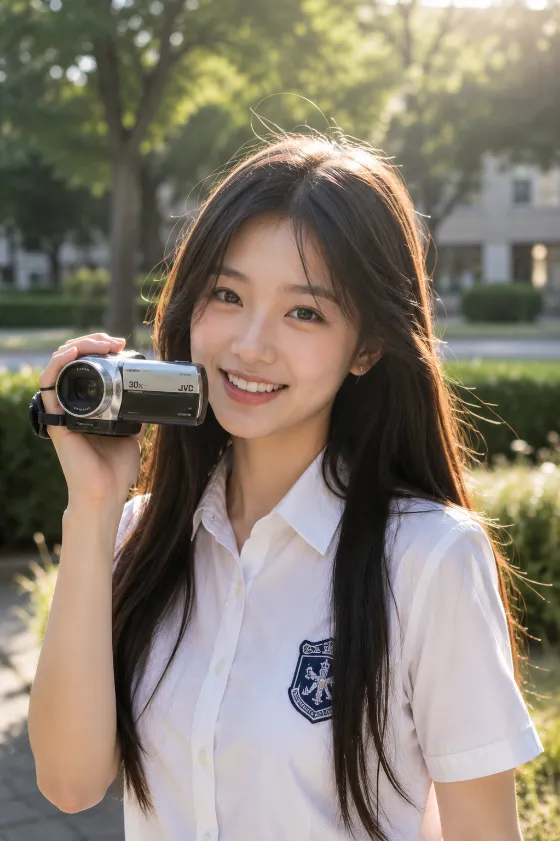Natural outdoor editorial portrait with a camcorder and golden sunlight.
