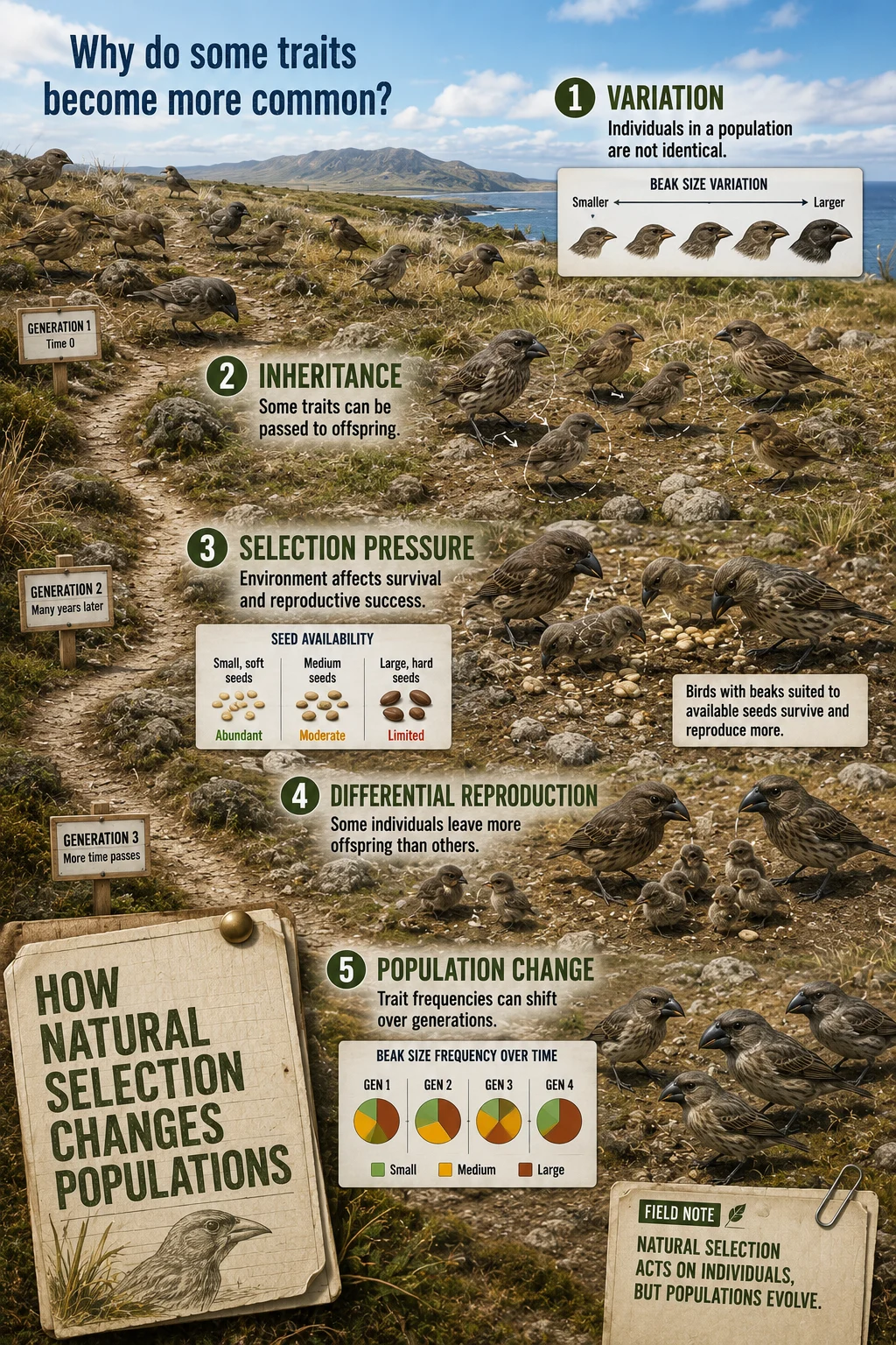 Educational ecosystem story map with varied bird beaks, seed conditions, offspring, five teaching stops, and a note explaining that populations evolve.
