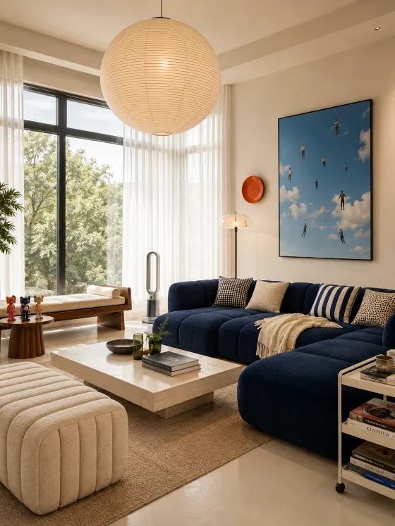Navy and cream contemporary living room with sculptural ottoman, walnut bench, graphic cushions, blue artwork, and sheer curtains.