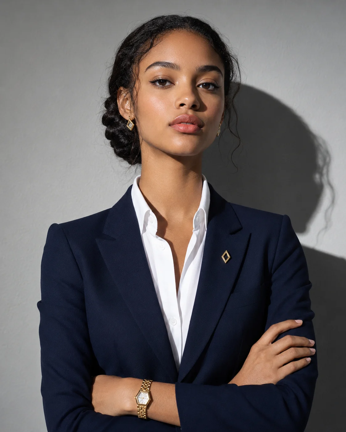 Executive-fashion portrait with navy tailoring, a white open-collar shirt, gold watch and earrings, folded arms and a sculptural gray wall shadow.