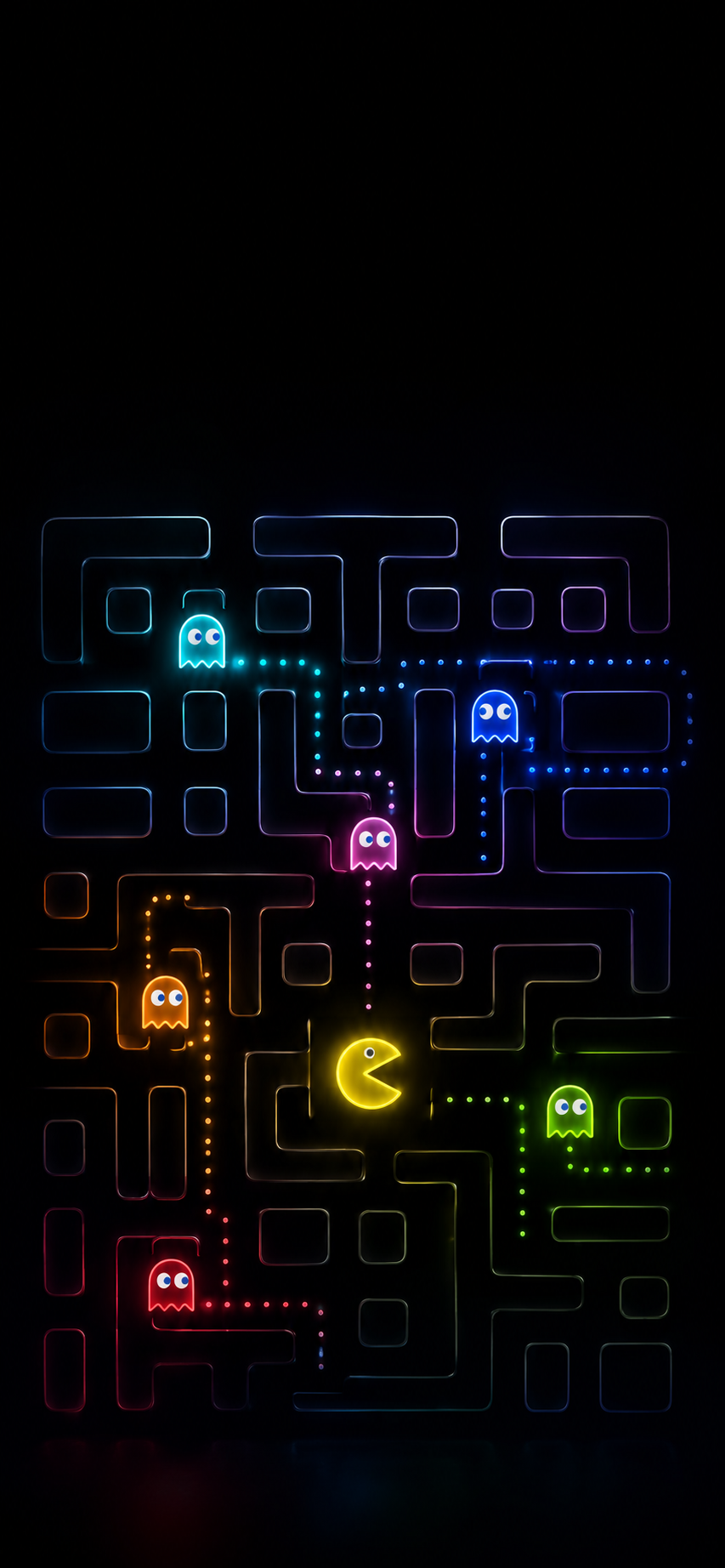 Minimal neon arcade maze wallpaper with colorful ghosts on a deep black OLED background.