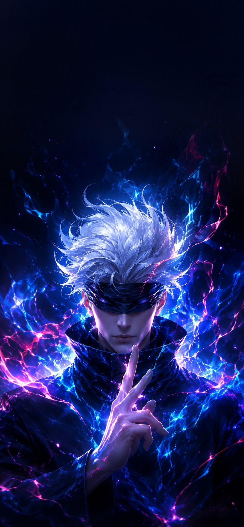 White-haired blindfolded mystic in a dark high-collar coat surrounded by electric blue and magenta energy on a near-black AMOLED background.