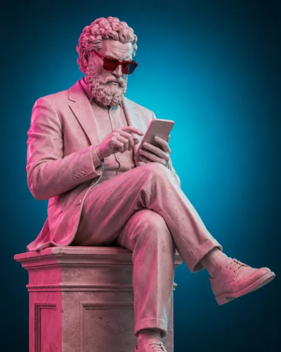 Neon-lit bearded stone statue in formal clothing holding a smartphone against a teal studio background.