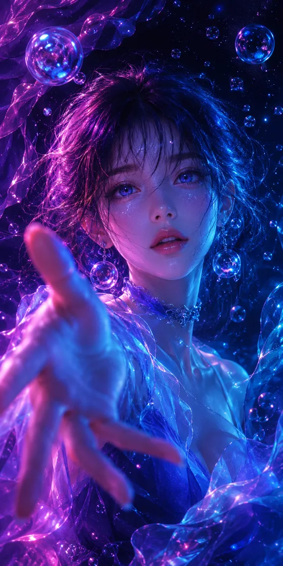 Anime-inspired fantasy character reaching forward in a dark bubble-filled scene with magenta, violet, cobalt, and cyan lighting.