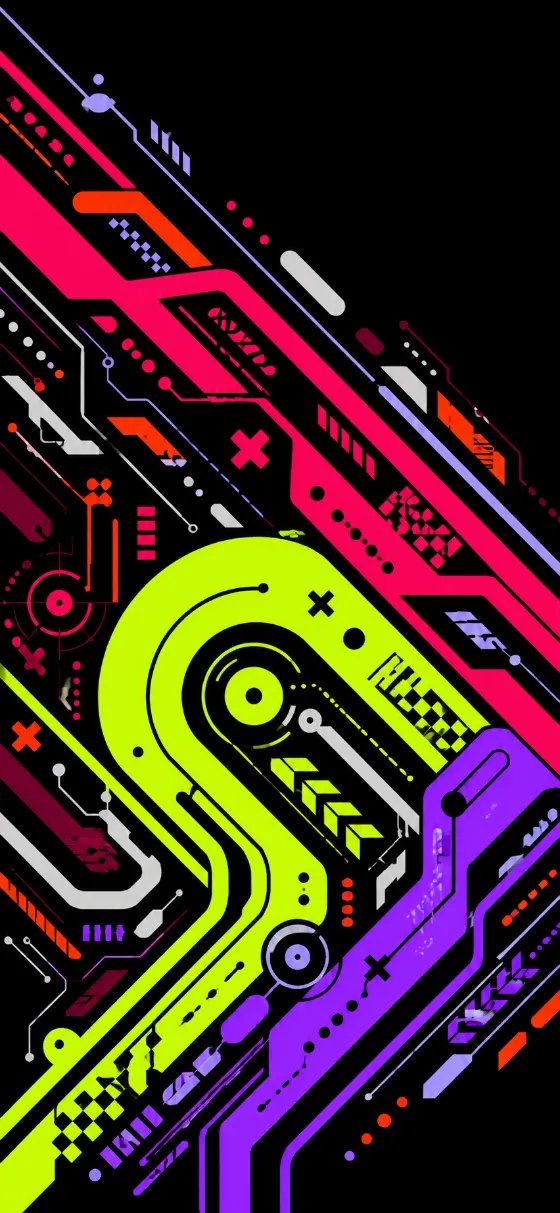 Vertical neon vector wallpaper with curved ribbons, capsules and technical geometric motifs on black.