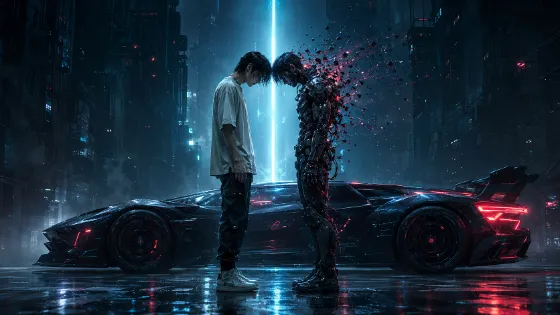 Human figure facing a fragmented cyborg beside a neon-lit futuristic sports car at night.