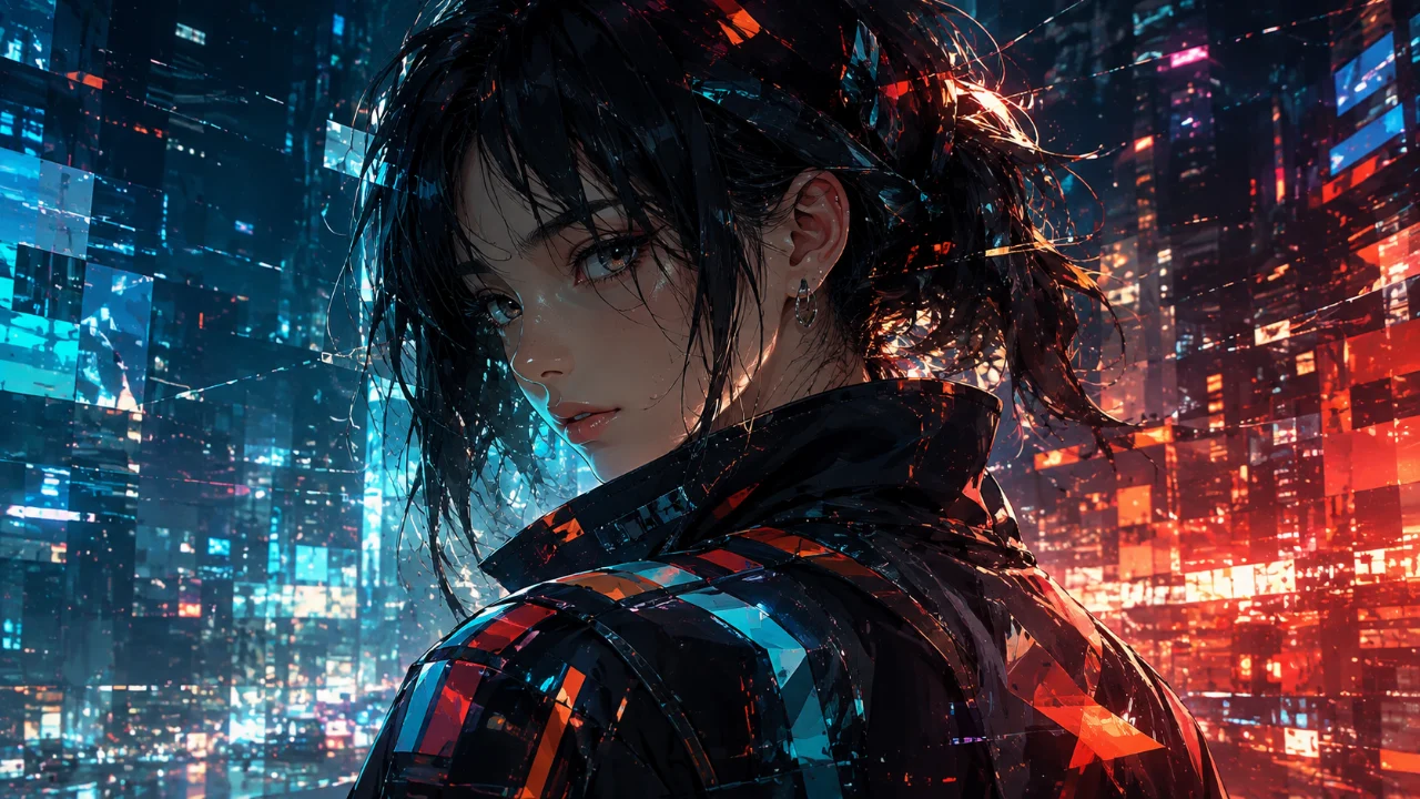 Cyberpunk character looking over her shoulder in a neon city with colorful digital glitch fragments.
